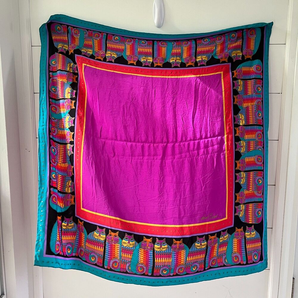 Vibrant Pink Cat Print Silk-Feel Scarf